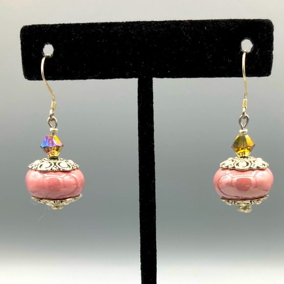 Pink Ceramic Drop Earrings with AB Crystals - Picture 2 of 5
